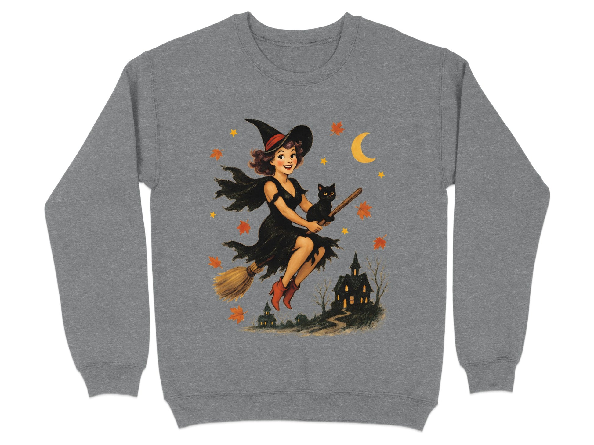 Retro Vintage Halloween Witch on Broomstick Graphic Sweatshirt