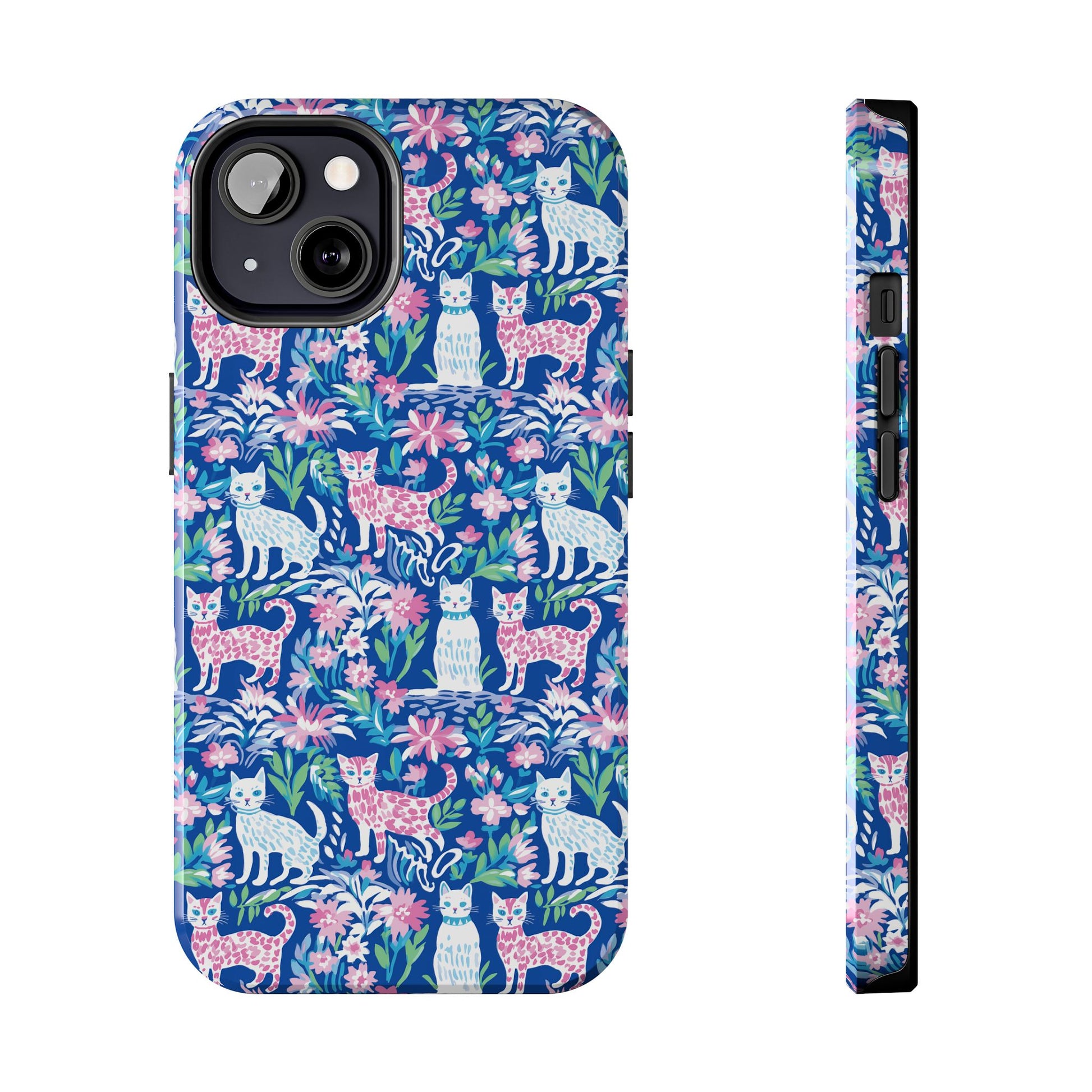 Preppy Cat Pink Blue Floral Phone Case