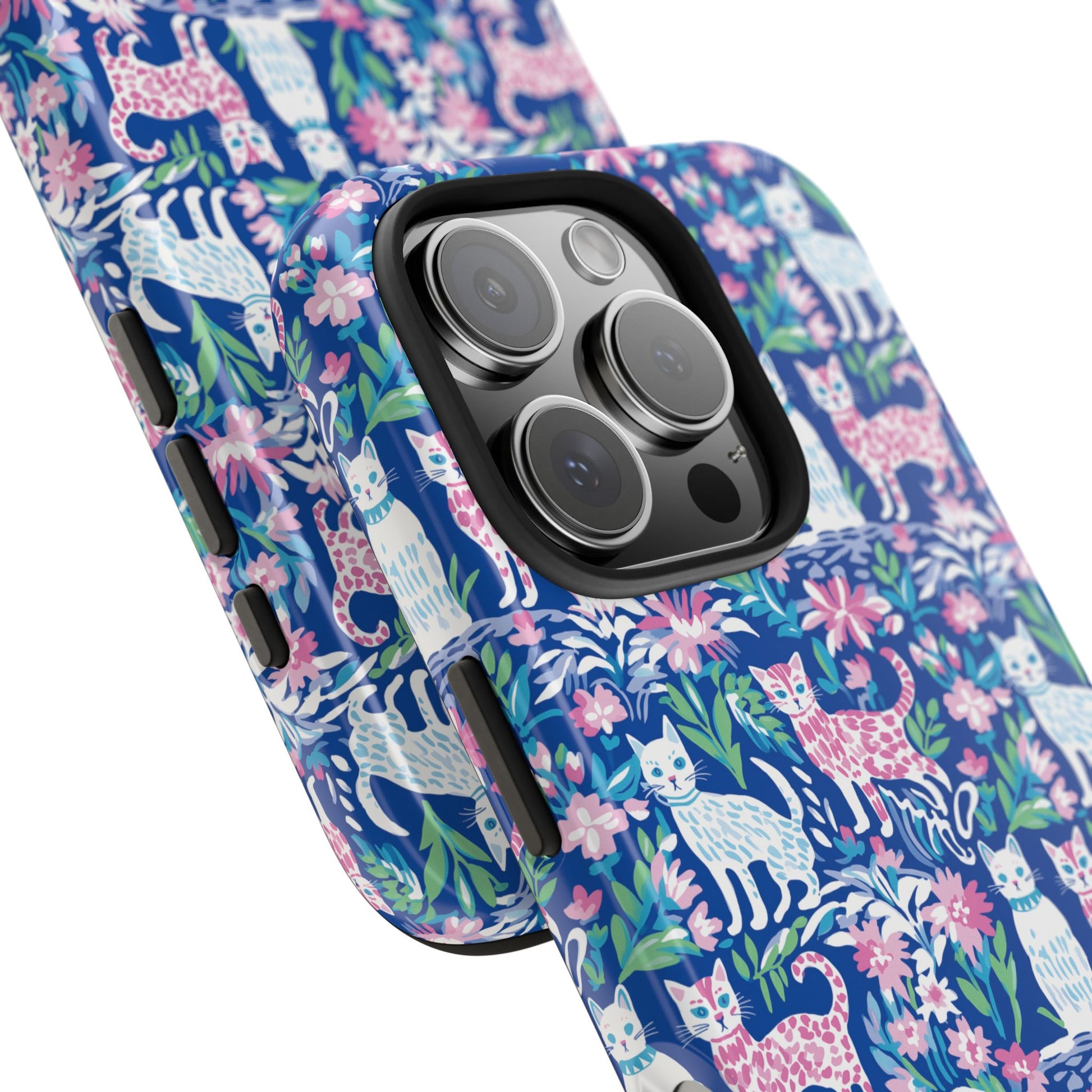 Preppy Cat Pink Blue Floral Phone Case