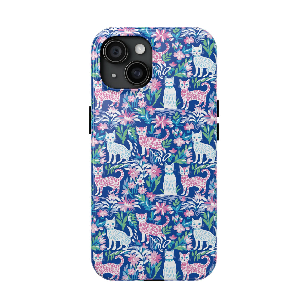 Preppy Cat Pink Blue Floral Phone Case