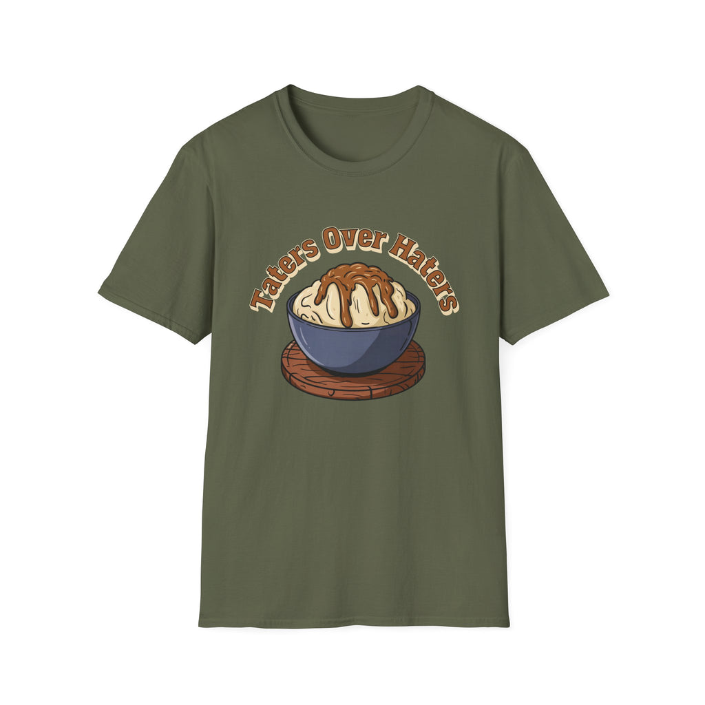Taters Over Haters Funny Thanksgiving and Christmas Dinner T-Shirt - Fun Unisex Softstyle Tee X-Small Through 5X