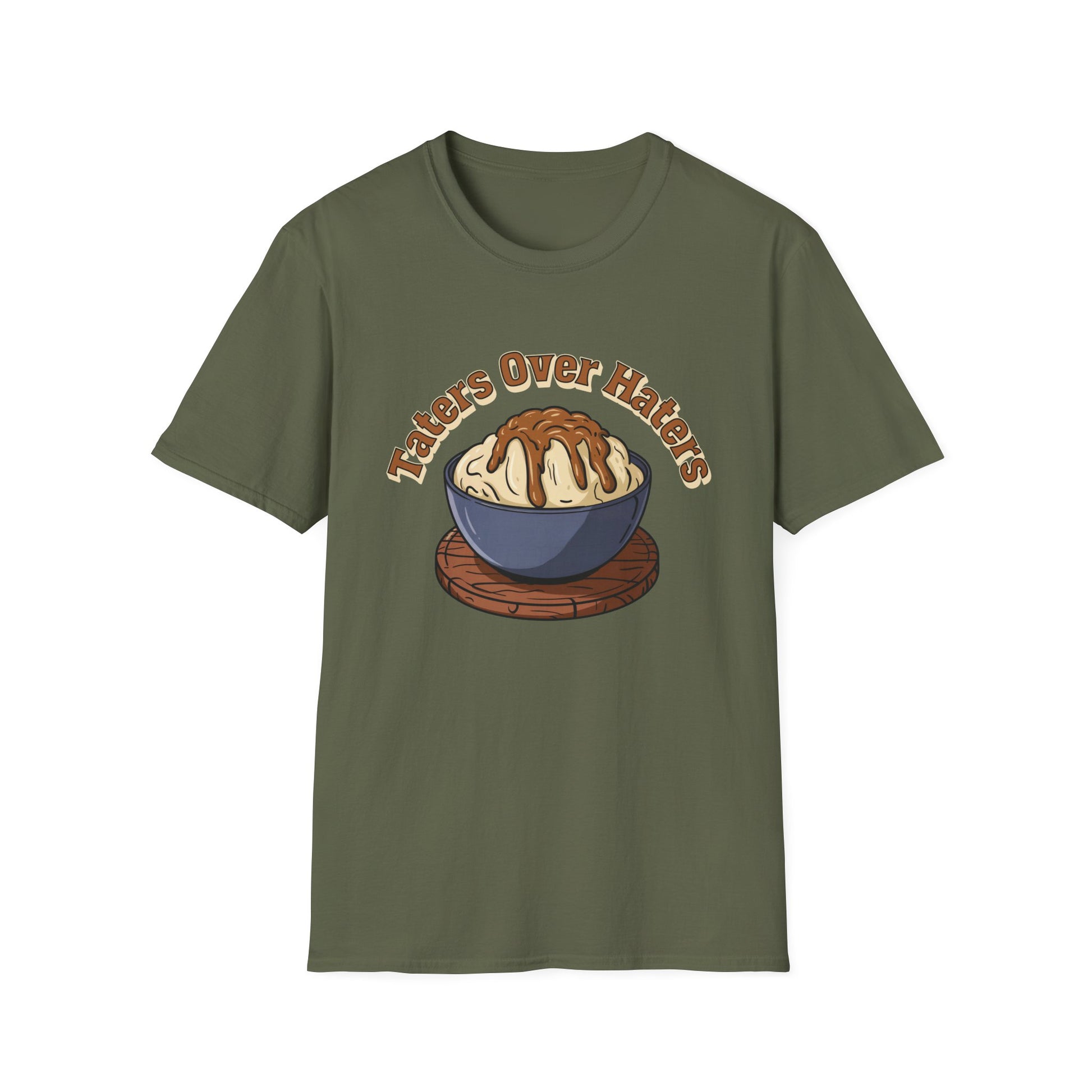 Taters Over Haters Funny Thanksgiving and Christmas Dinner T-Shirt - Fun Unisex Softstyle Tee X-Small Through 5X