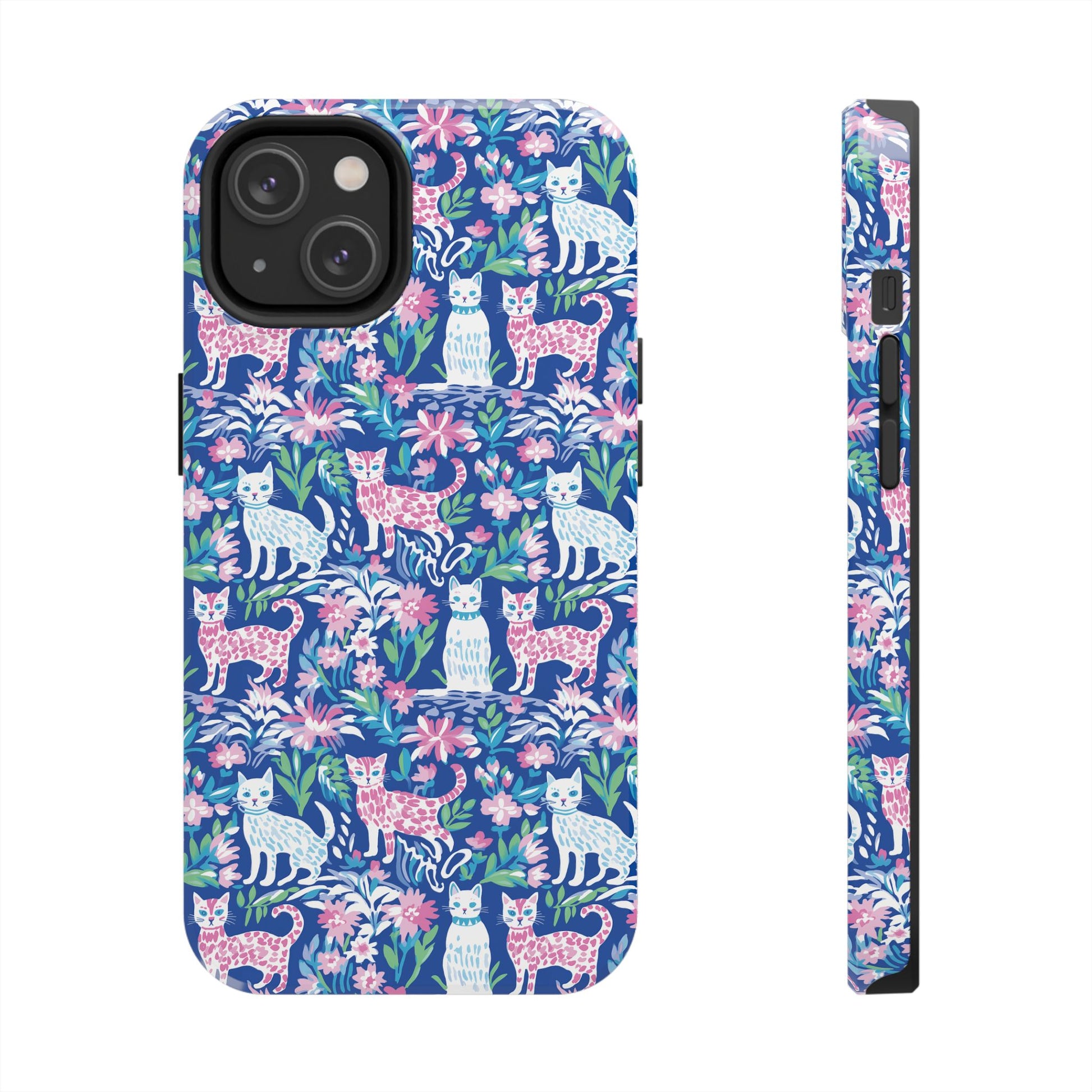 Preppy Cat Pink Blue Floral Phone Case