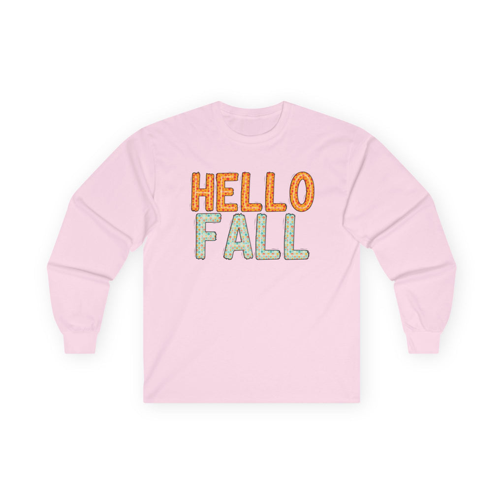 Hello Fall Long Sleeve Tee, Autumn T-Shirt, Seasonal Style Top, Thanksgiving Apparel, Cozy Fall Gift