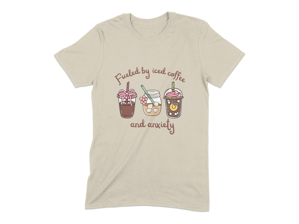 Fueled by iced coffee and anxiety graphic t-shirt product type