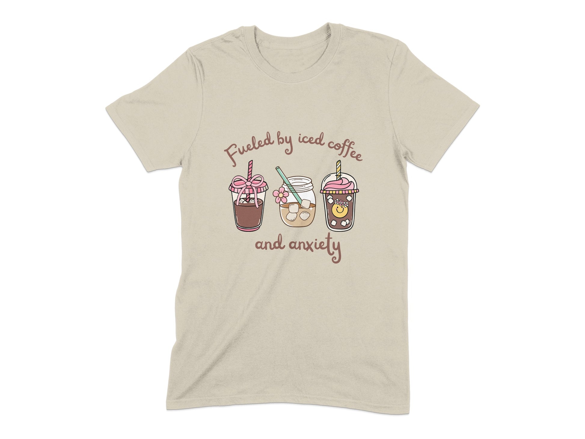 Fueled by iced coffee and anxiety graphic t-shirt product type