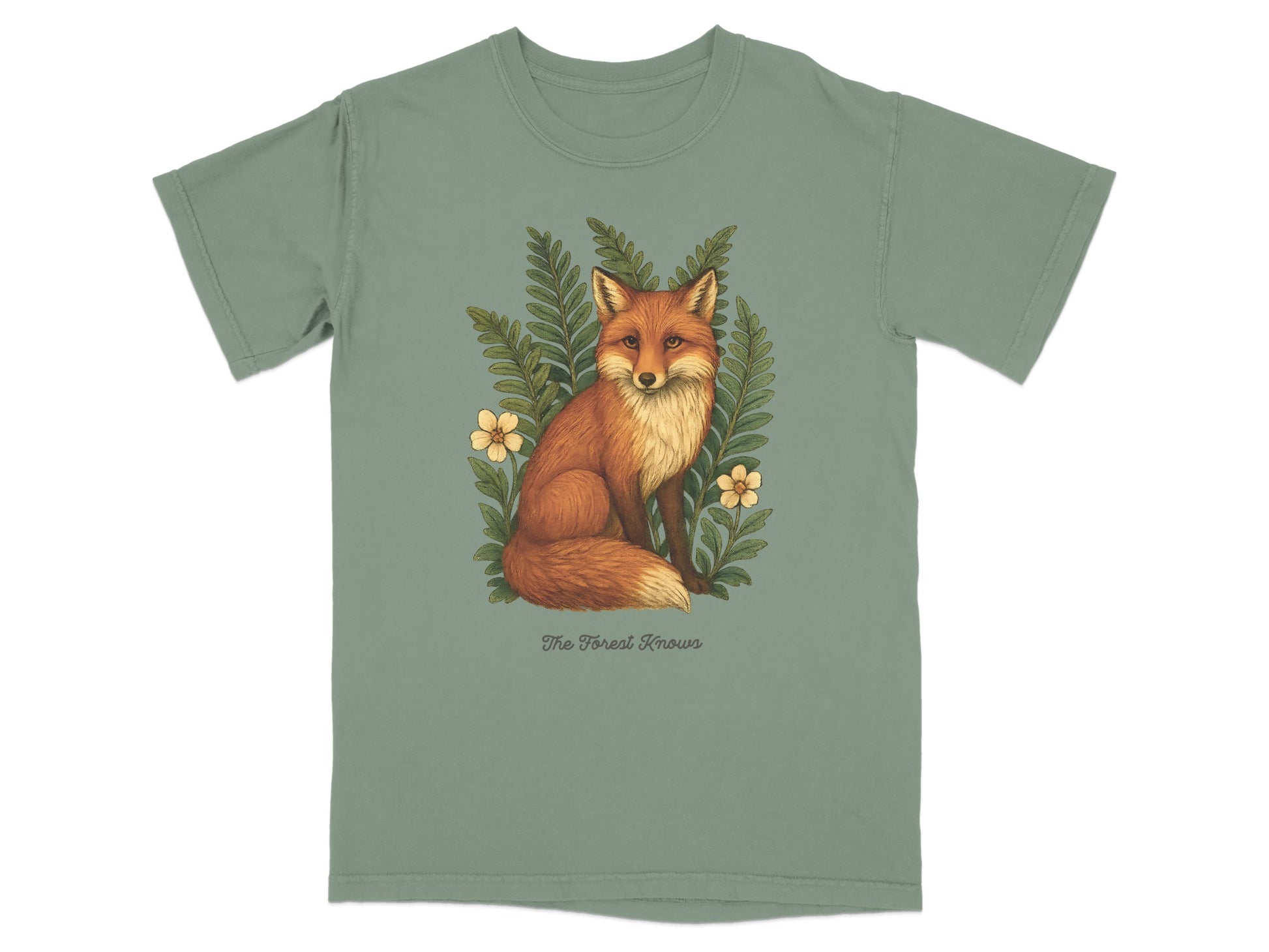 The Forest Knows Fox Artwork on a Green T-Shirt product