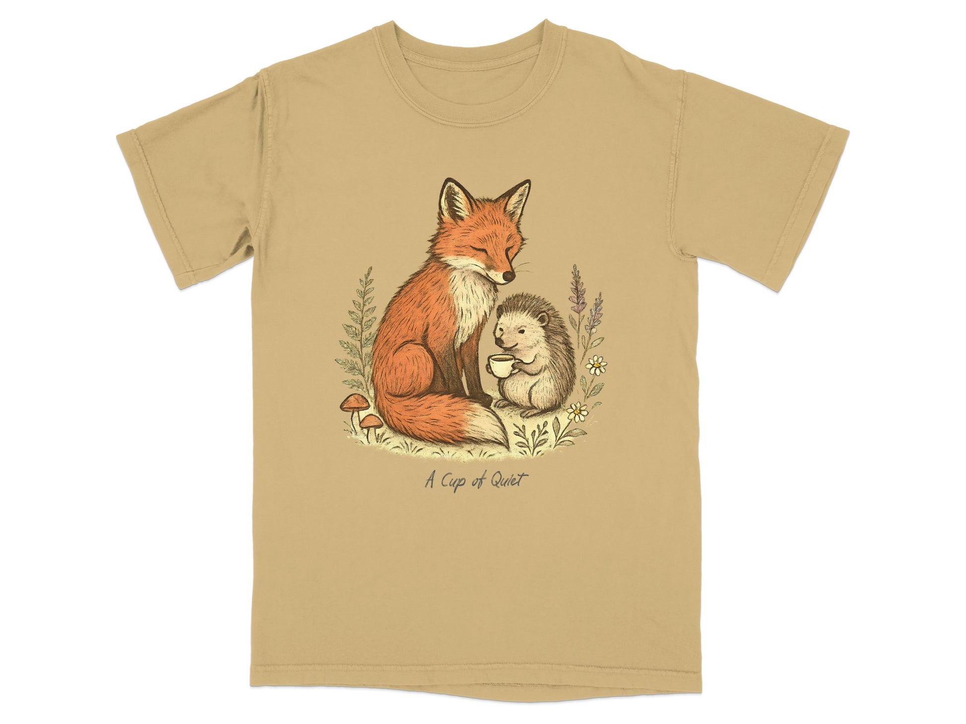 A Cup of Quiet Fox and Hedgehog Design T-shirt Product