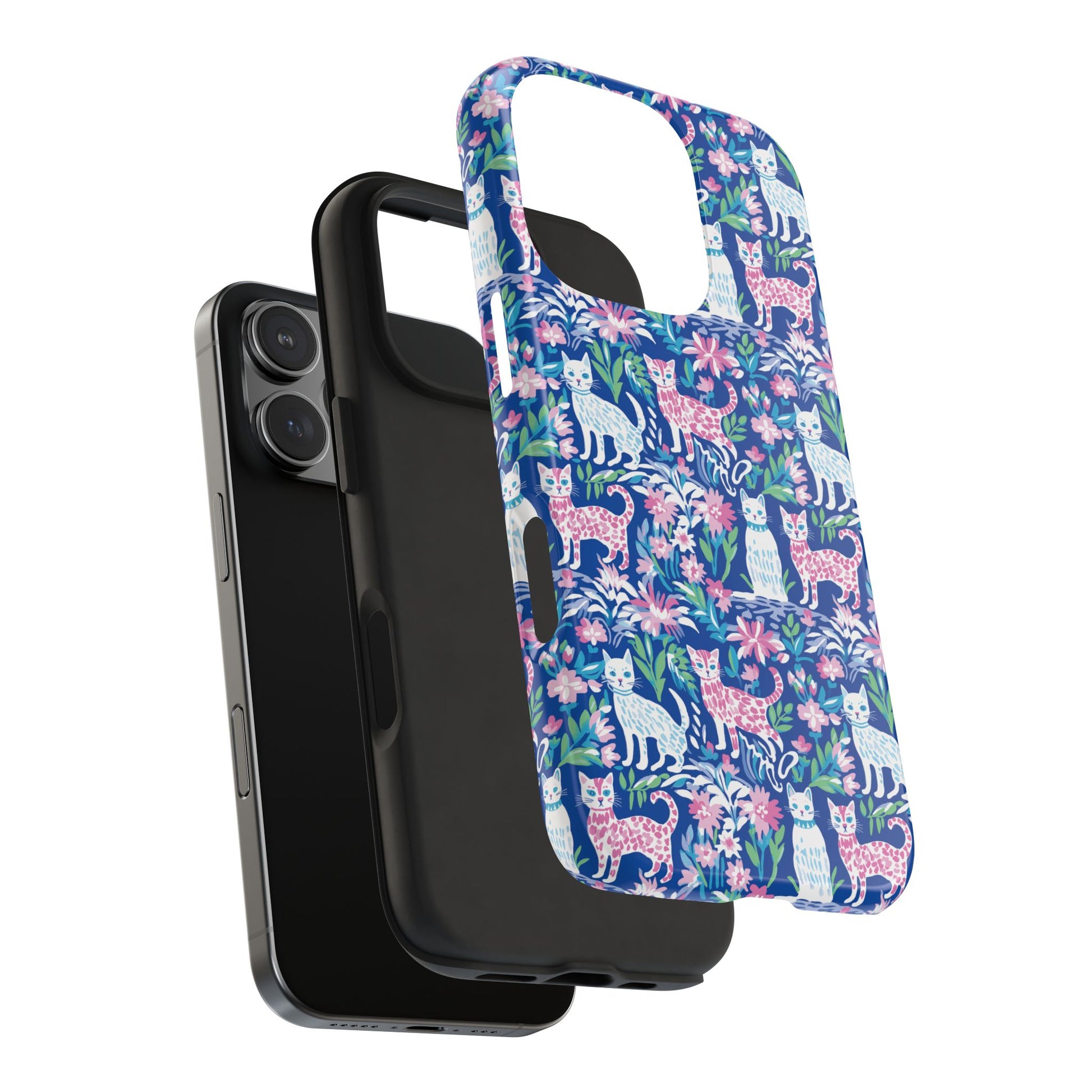 Preppy Cat Pink Blue Floral Phone Case