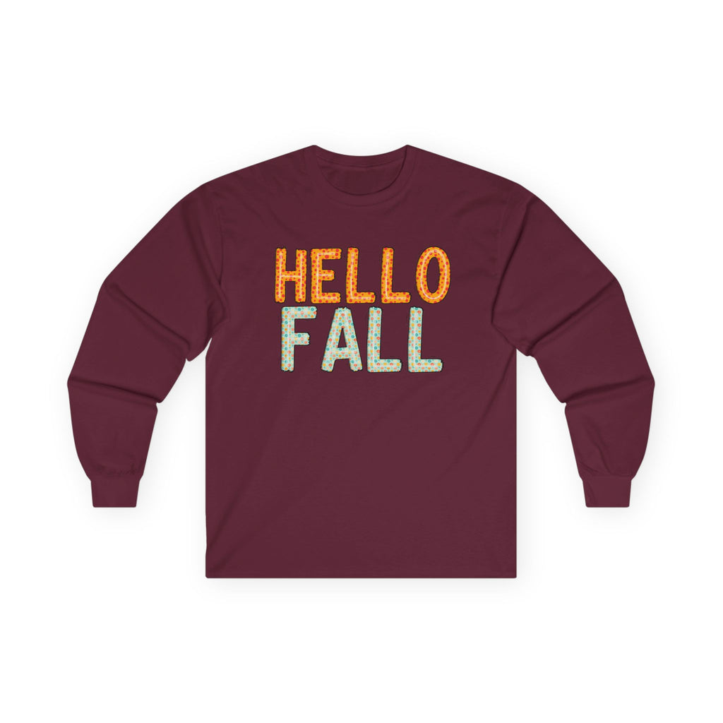 Hello Fall Long Sleeve Tee, Autumn T-Shirt, Seasonal Style Top, Thanksgiving Apparel, Cozy Fall Gift