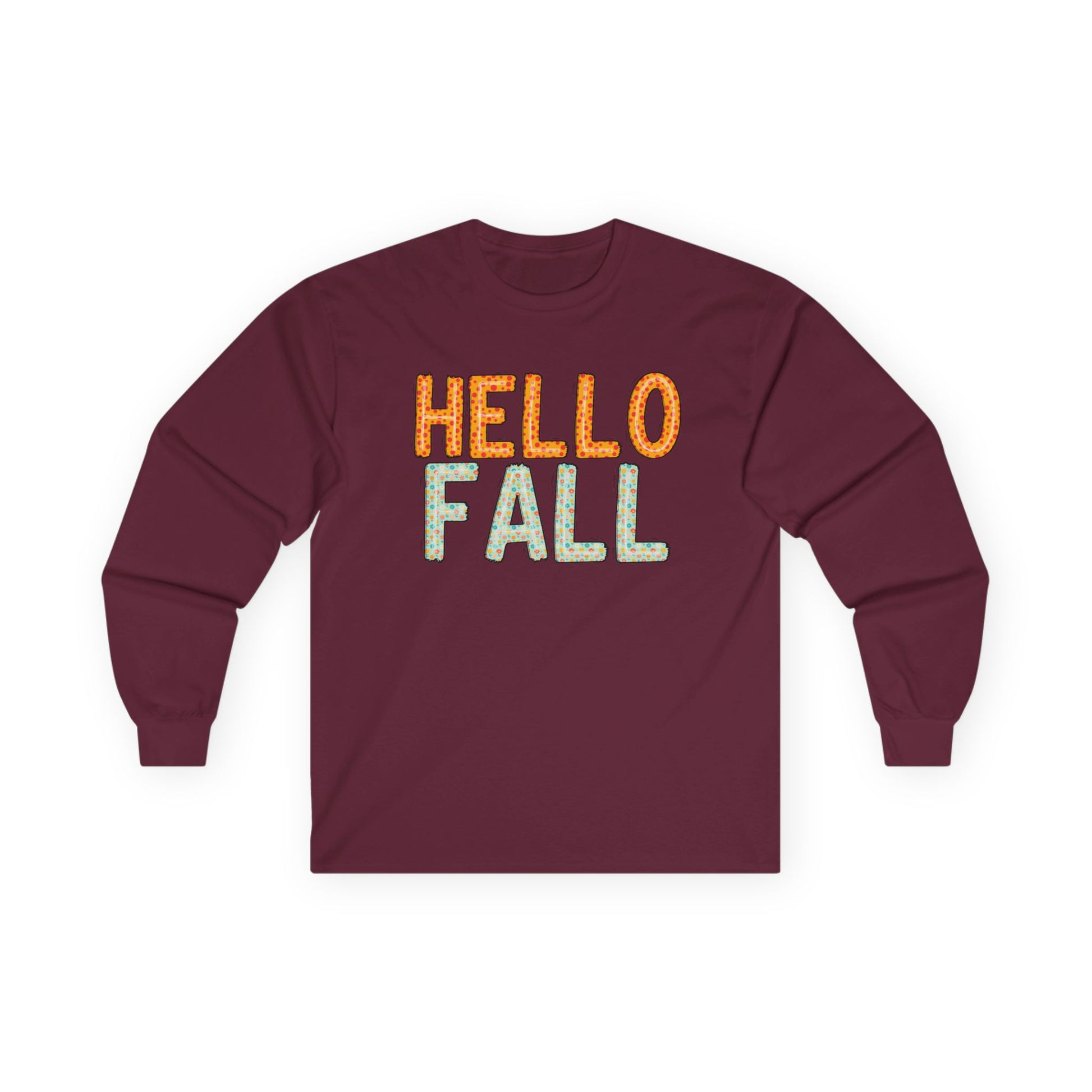 Hello Fall Long Sleeve Tee, Autumn T-Shirt, Seasonal Style Top, Thanksgiving Apparel, Cozy Fall Gift