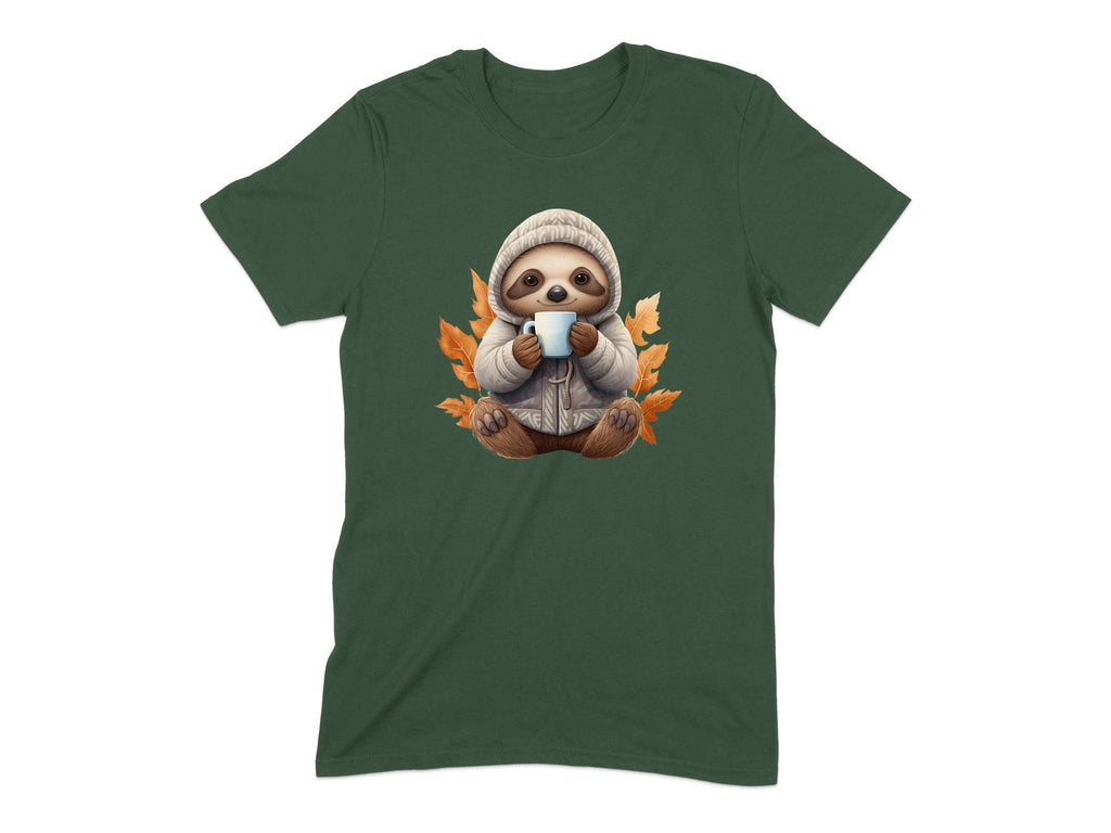 Cozy Sloth with Coffee Autumn Leaves T-Shirt product