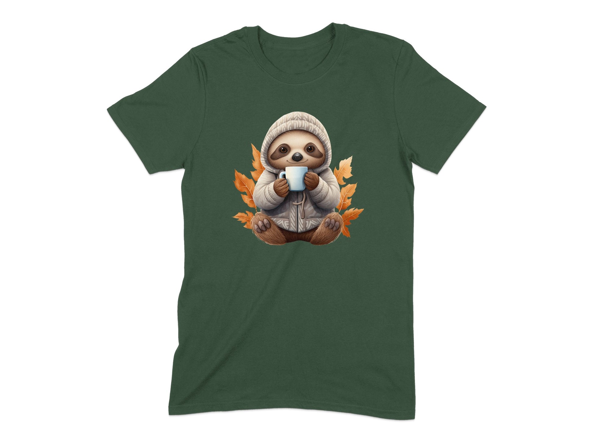 Cozy Sloth with Coffee Autumn Leaves T-Shirt product