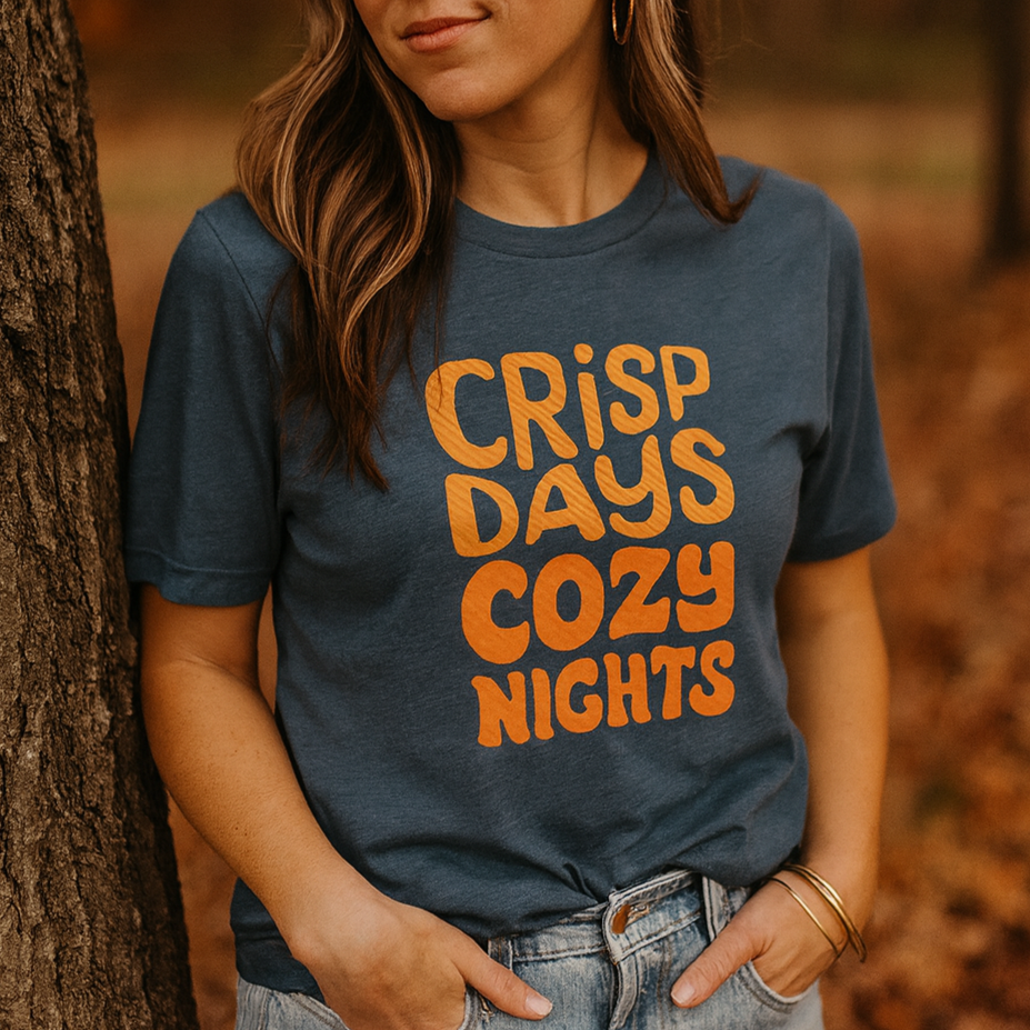 Crisp Days Cozy Nights Fall Holiday Graphic Printed T-Shirt