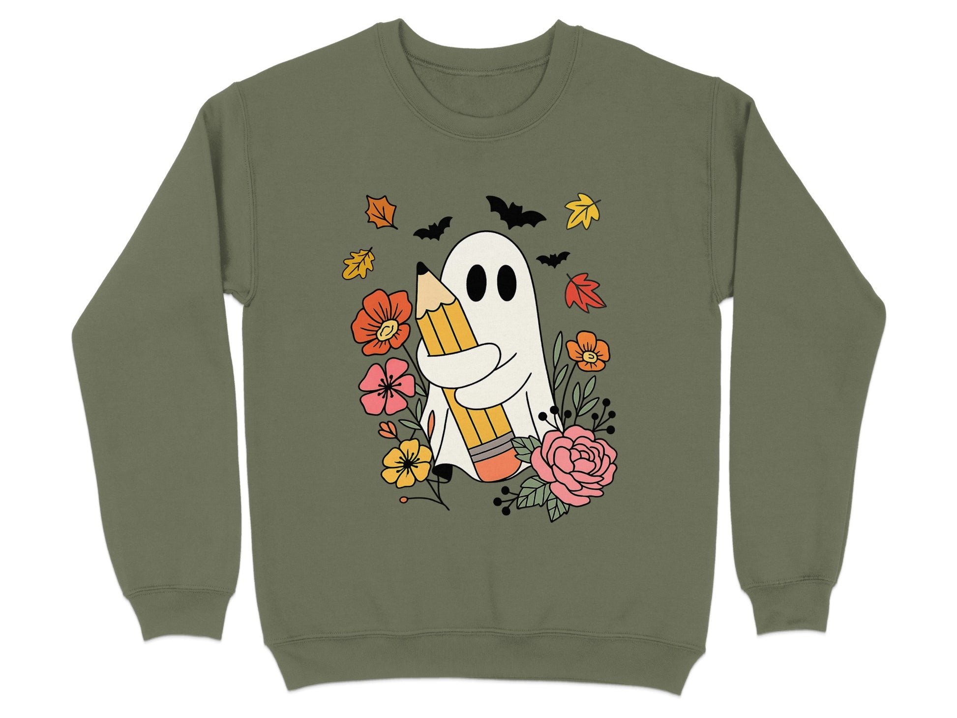 Cute Ghost Floral Design on Army Green Sweatshirt Product