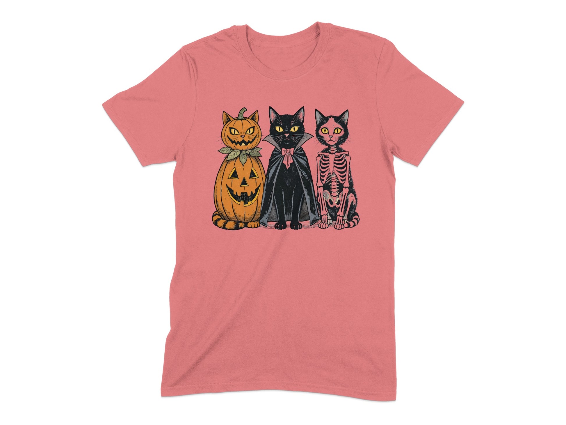 Halloween Pumpkin Cat Skeleton Design Tee Shirt product