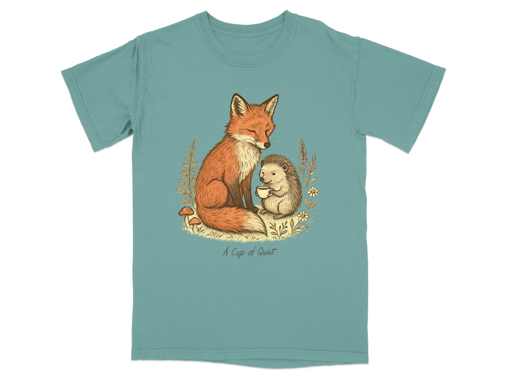 A Cup of Quiet Fox and Hedgehog Printed T-shirt Product