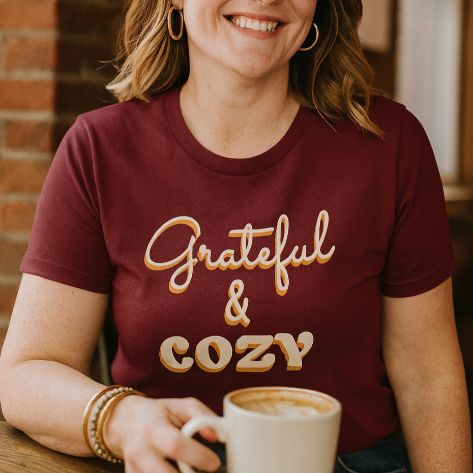 Grateful and Cozy Fall Holiday Graphic T-Shirt for Casual Wear