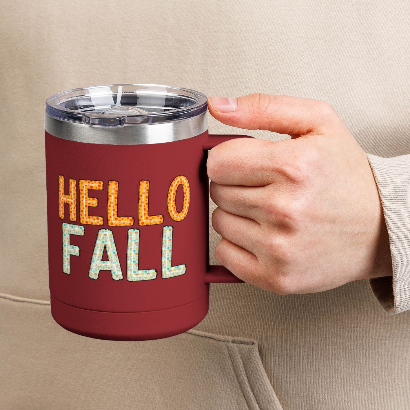 Autumn-Themed Coffee 15 oz. Mug Tumbler - Hello Fall, for Coffee Tea or Alcoholic Beverage Lovers, Fall Holiday Decor, Pumpkin Spice Enthusiasts