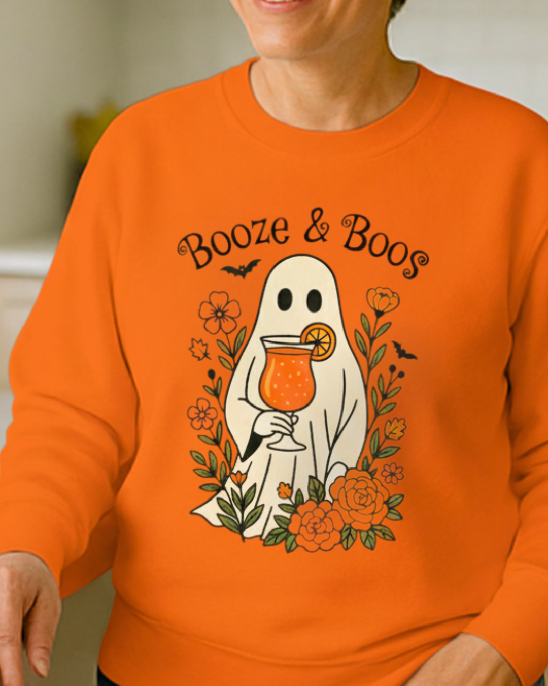 Booze and Boos Halloween Ghost and Flowers Sweatshirt