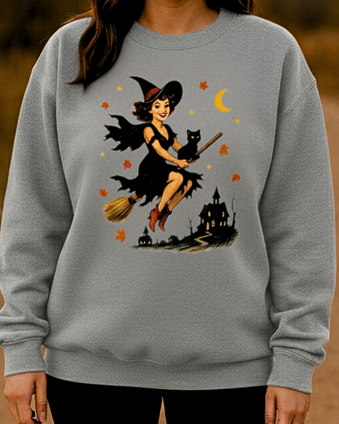 Halloween Witch with Cat and Moon Sweatshirt