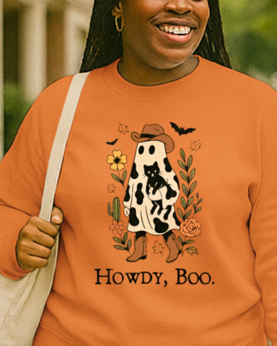 Howdy Boo Ghost Cowboy Halloween Cat Lover Sweatshirt