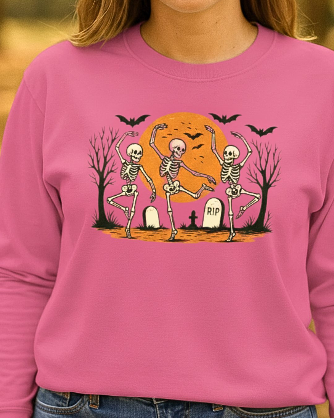 Halloween Dancing Skeletons in Graveyard with Full Moon Sweatshirt