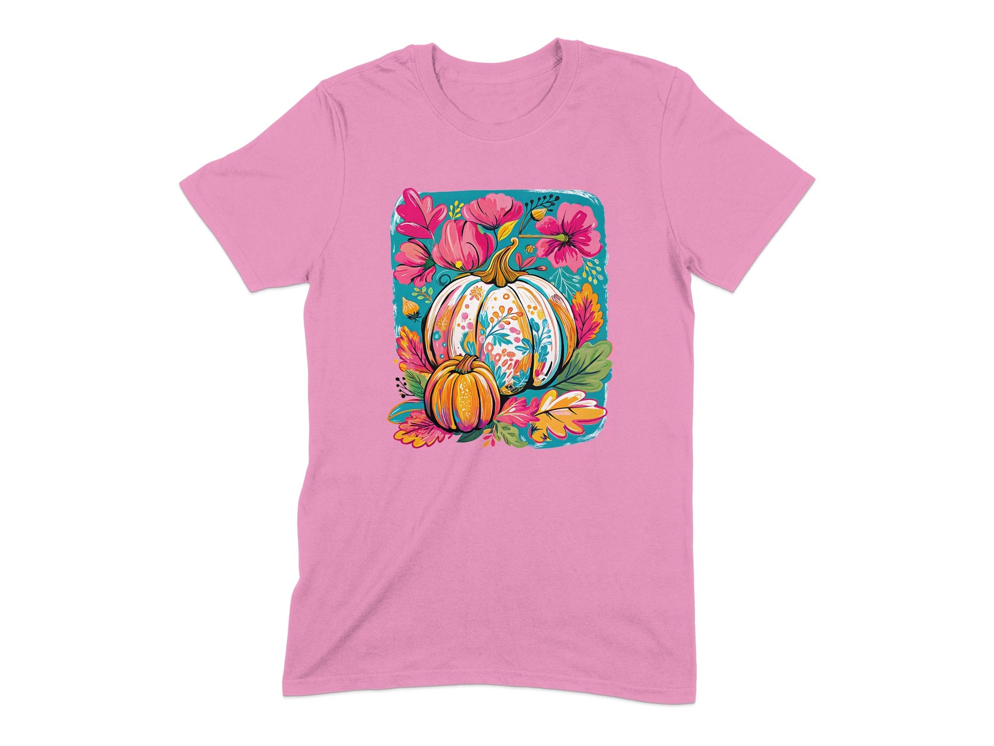 Vibrant Floral Pumpkin Design on Pink Shirt product type