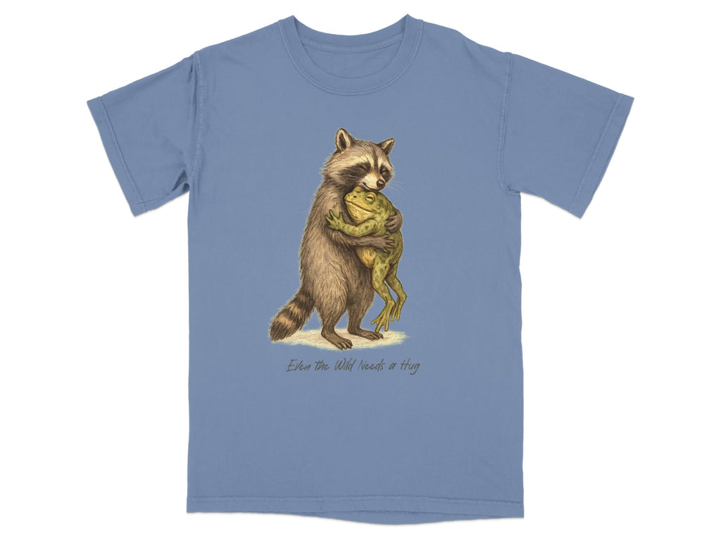 Blue T-shirt with Raccoon and Frog Hugging Design product type