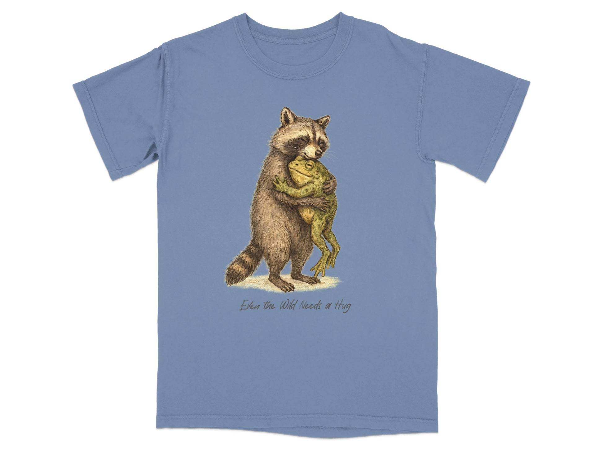 Blue T-shirt with Raccoon and Frog Hugging Design product type