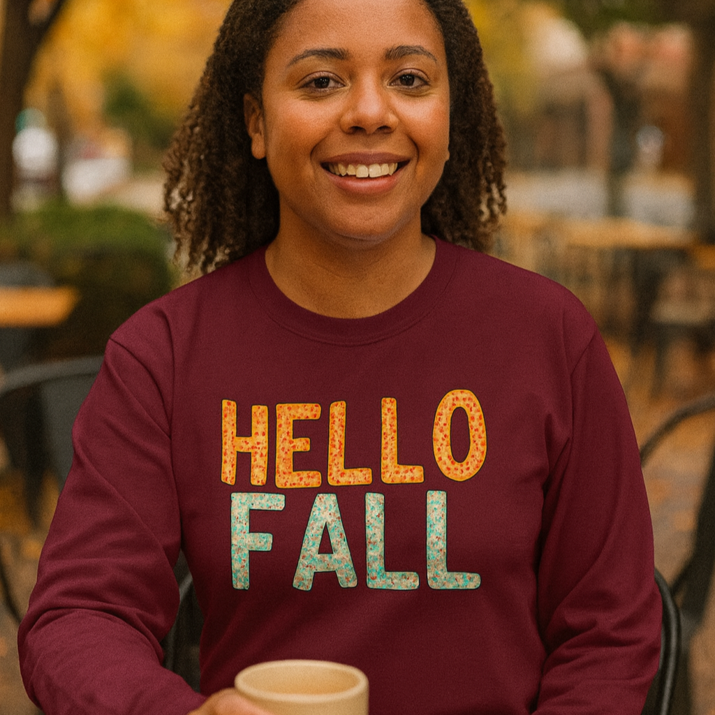Hello Fall Long Sleeve Tee, Autumn T-Shirt, Seasonal Style Top, Thanksgiving Apparel, Cozy Fall Gift