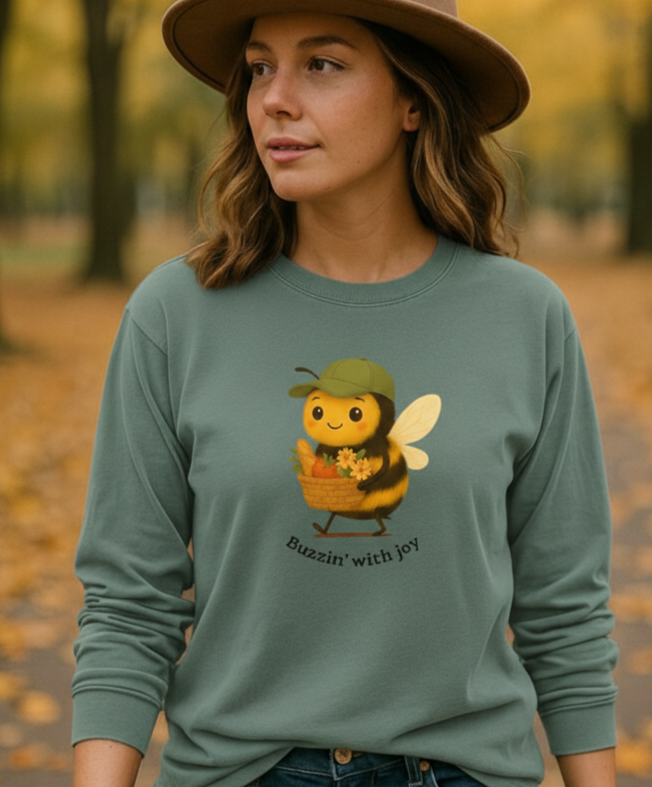 Cute Cozy Fall Bee Collection Buzzin' With Joy Comfort Colors Long Sleeve T-Shirt