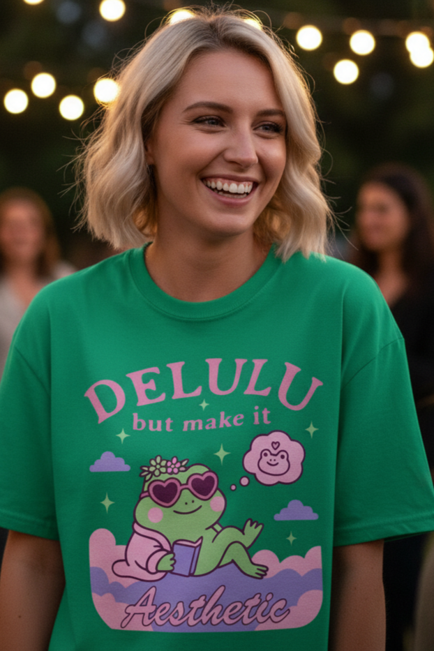 Delulu But Make It Aesthetic Frog Reading T-Shirt