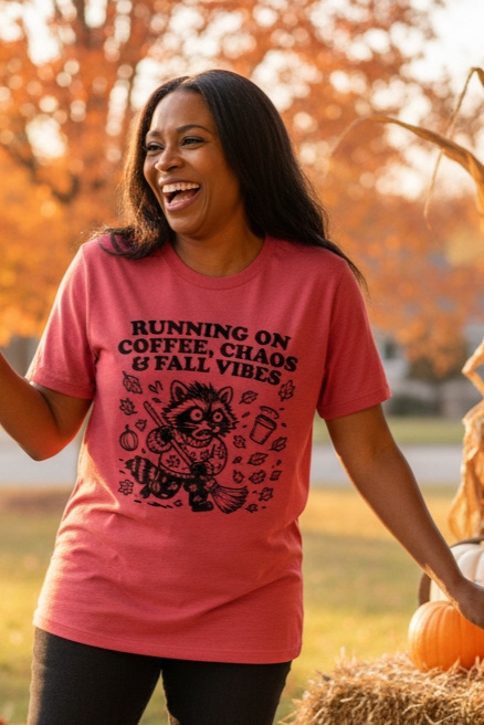 Running on Coffee Chaos Fall Vibes Racoon T-Shirt