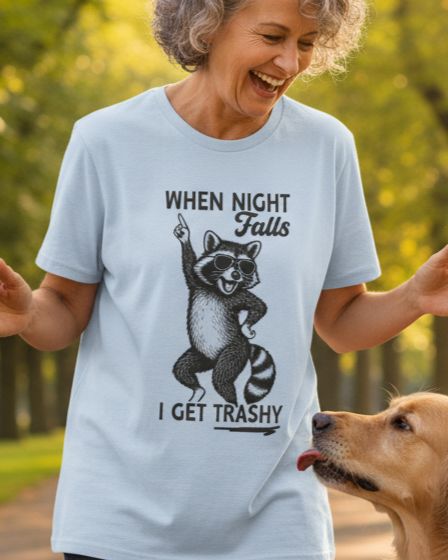 Night Falls Trashy Raccoon Graphic Funny Tee T-Shirt