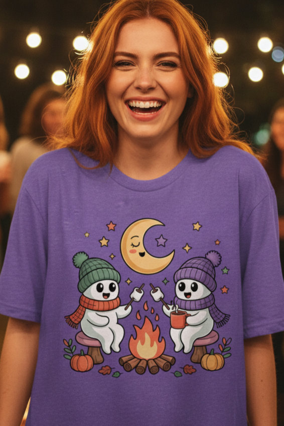 Cute Ghost Campfire Halloween Moon Graphic T-Shirt
