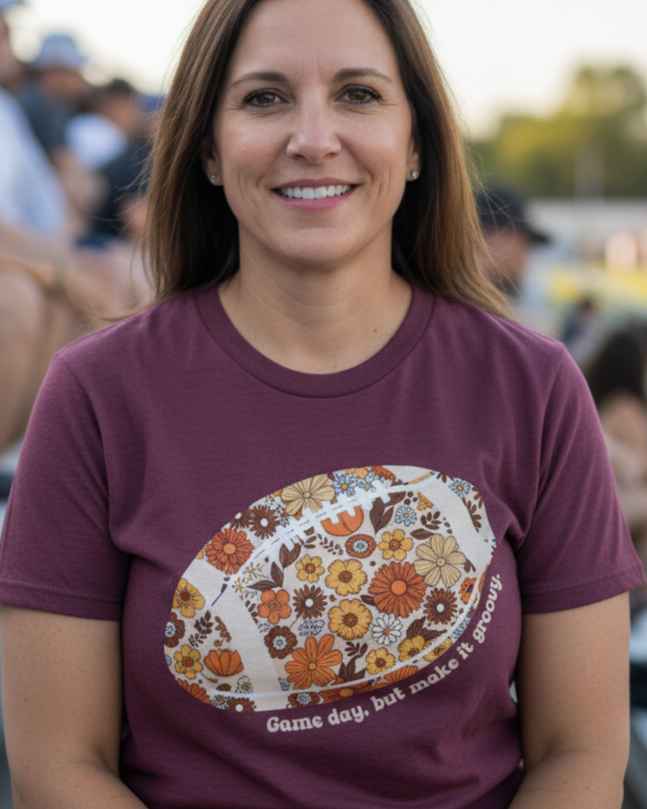 Game Day But Make It Groovy Floral Football T-Shirts