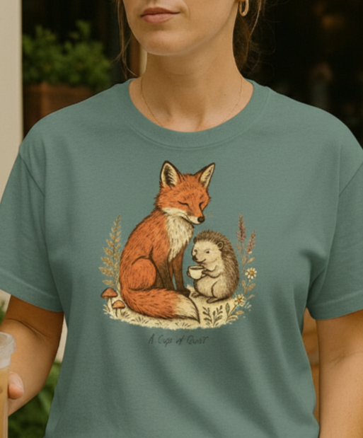 A Cup of Quiet Woodland Enchanted Fox and Hedgehog Comfort Colors T-Shirt
