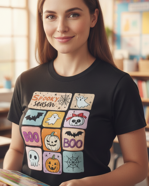 Spooky Season Ghosts Pumpkins and Spiders T-Shirt
