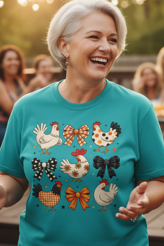 Cute Chicken and Bow Graphic Design T-Shirt