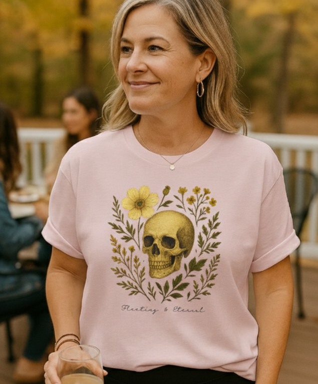 Fleeting and Eternal Whimsical Botanical Skull Cottage-Core Comfort Colors T-Shirt