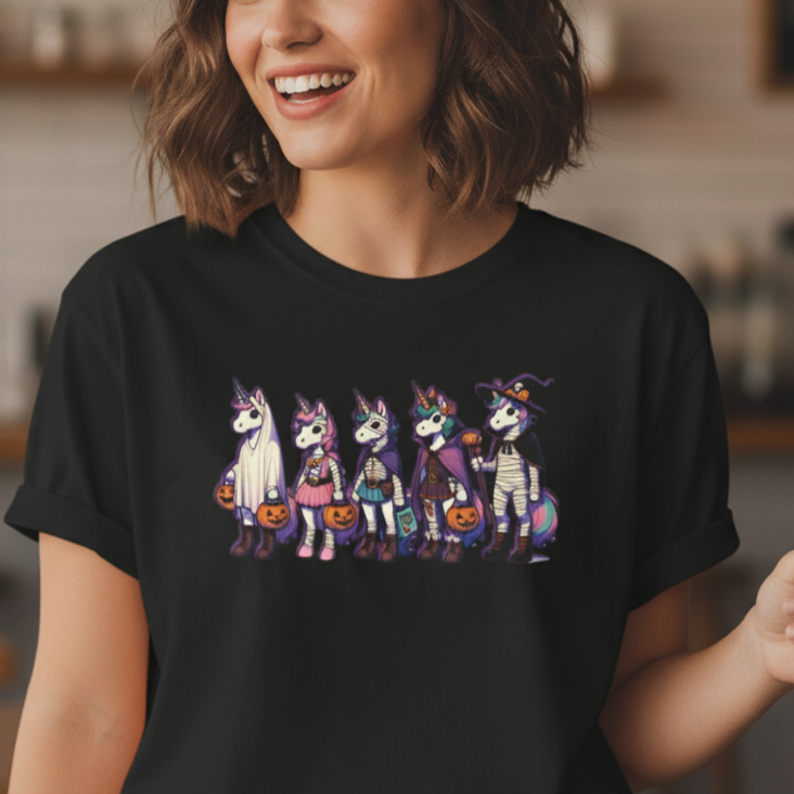 Halloween Unicorns Trick or Treating Tee, Funny Unisex T-Shirt XS-5XL