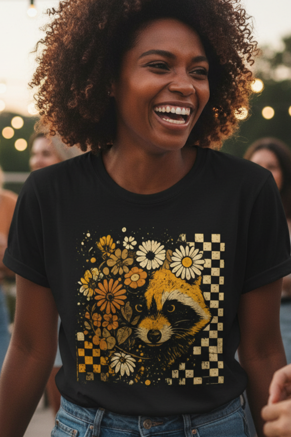 Vintage Raccoon and Floral Pattern Graphic T-Shirt