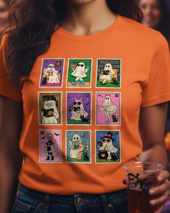 Cute Ghost and Black Cat Halloween Cartoon T-Shirts