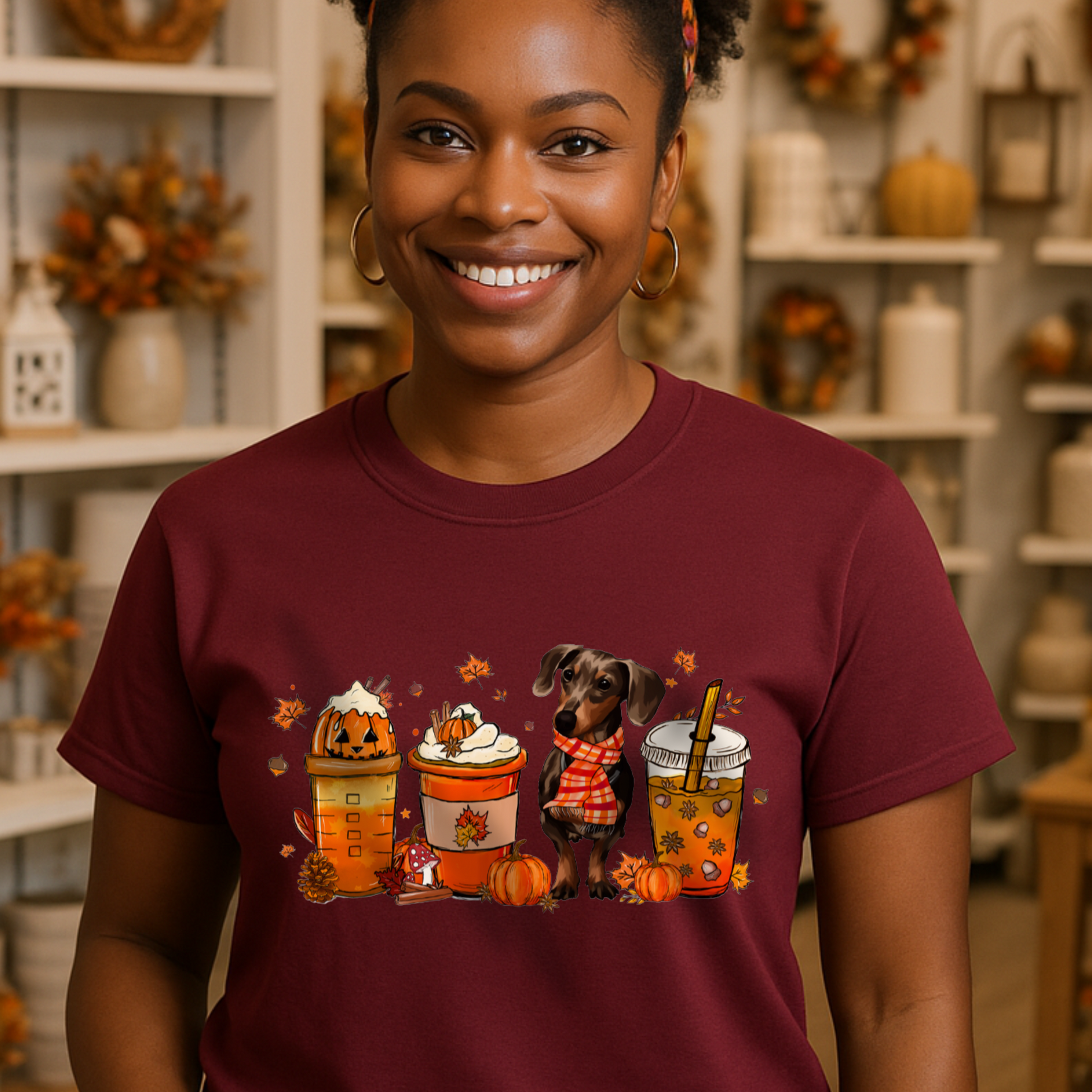 Autumn Coffee Dachshund Dog Fall T-shirt - Unisex Coffee Lover Shirt - XS-5X Tee