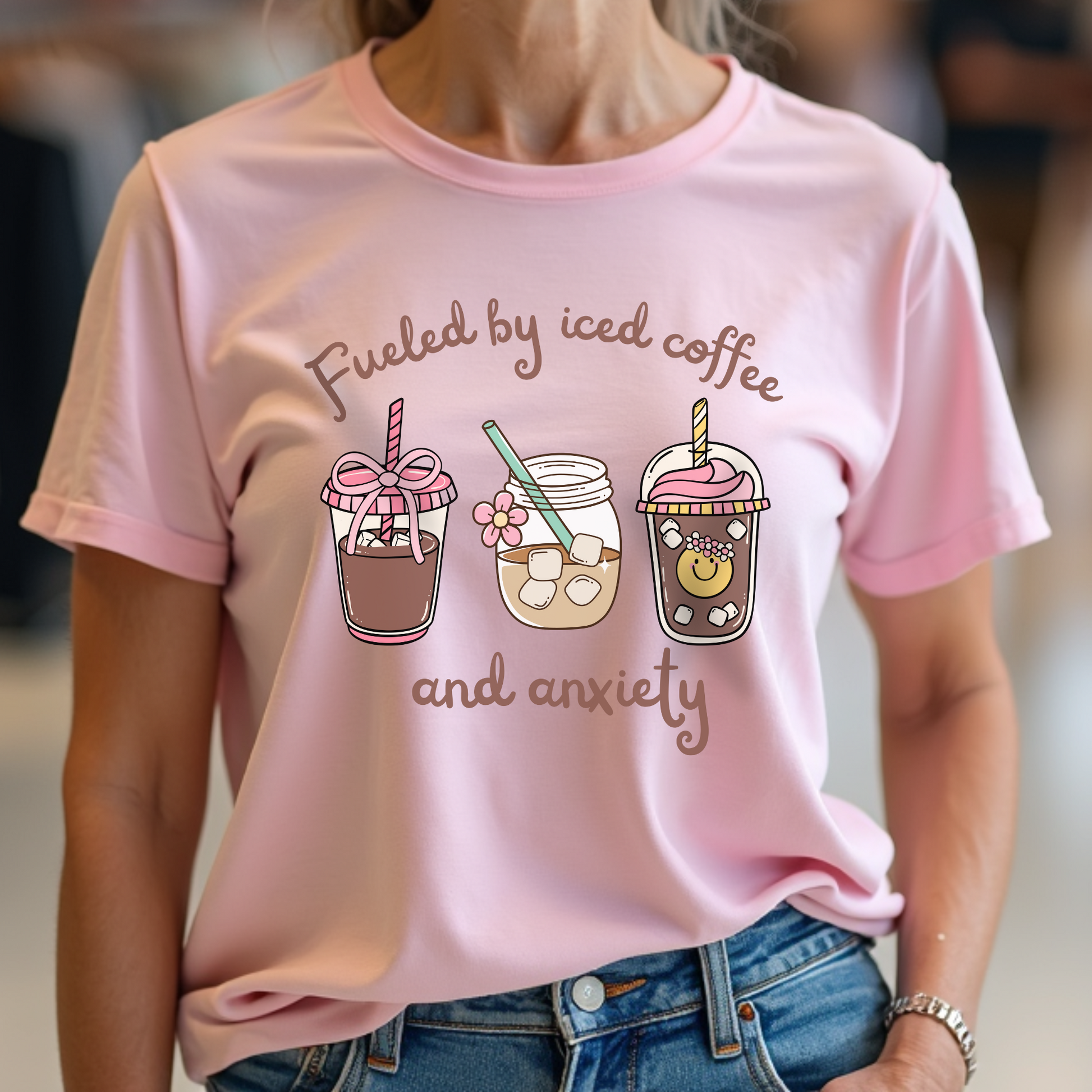 Fueled by Iced Coffee And Anxiety  Coffee and Mental Health Design - Unisex T-Shirt XS-5X