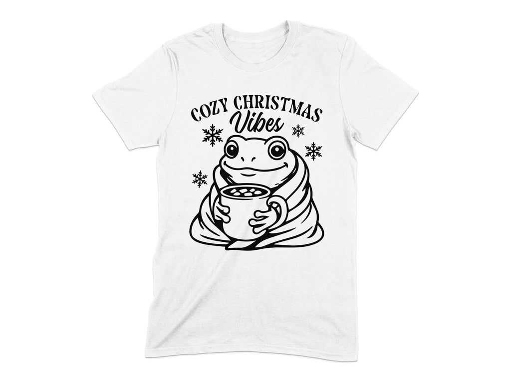 Cozy Christmas Vibes Frog Graphic Black White T-shirt product type