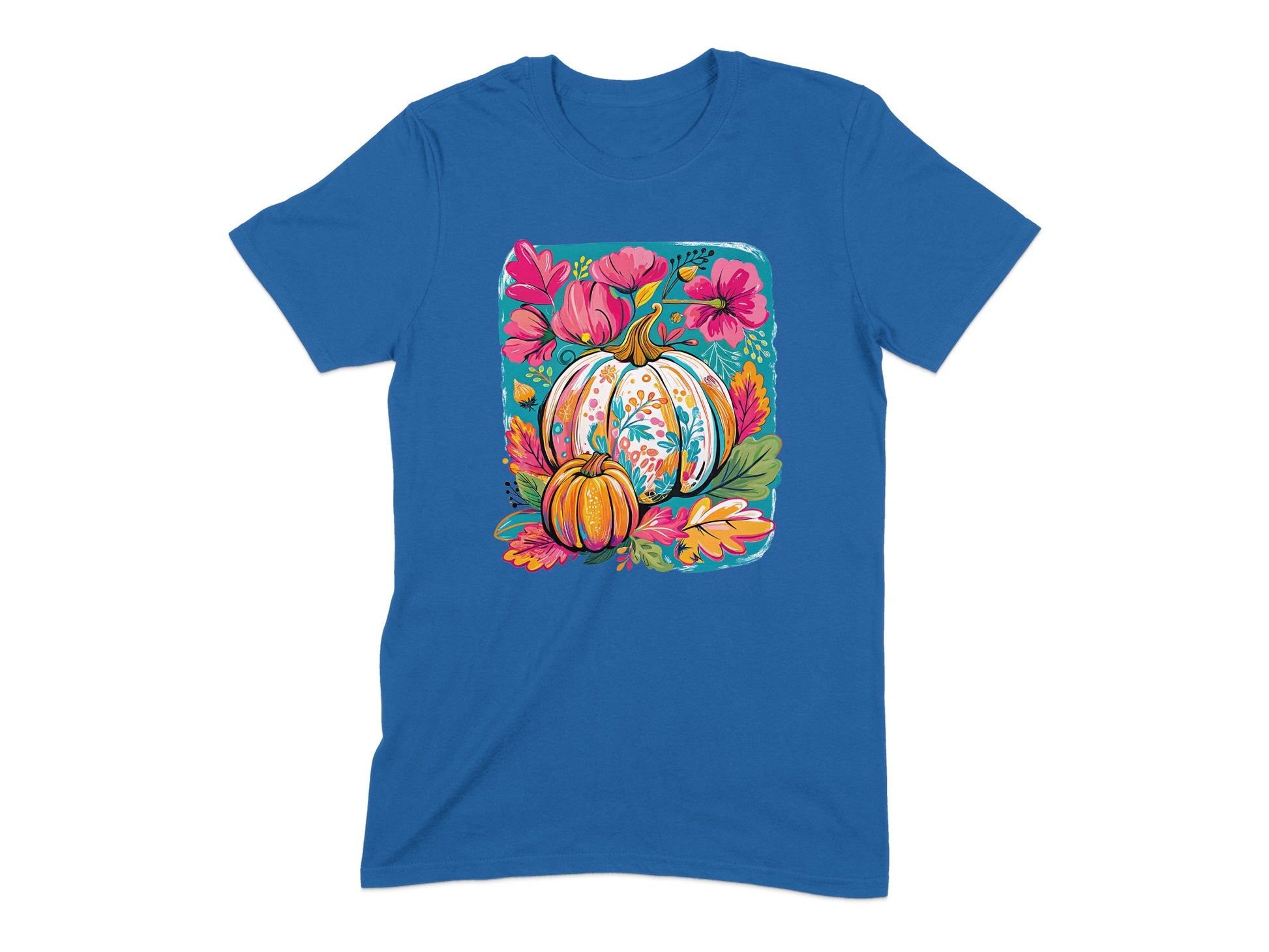 Colorful Autumn Flowers and Pumpkins Print T-Shirt product type
