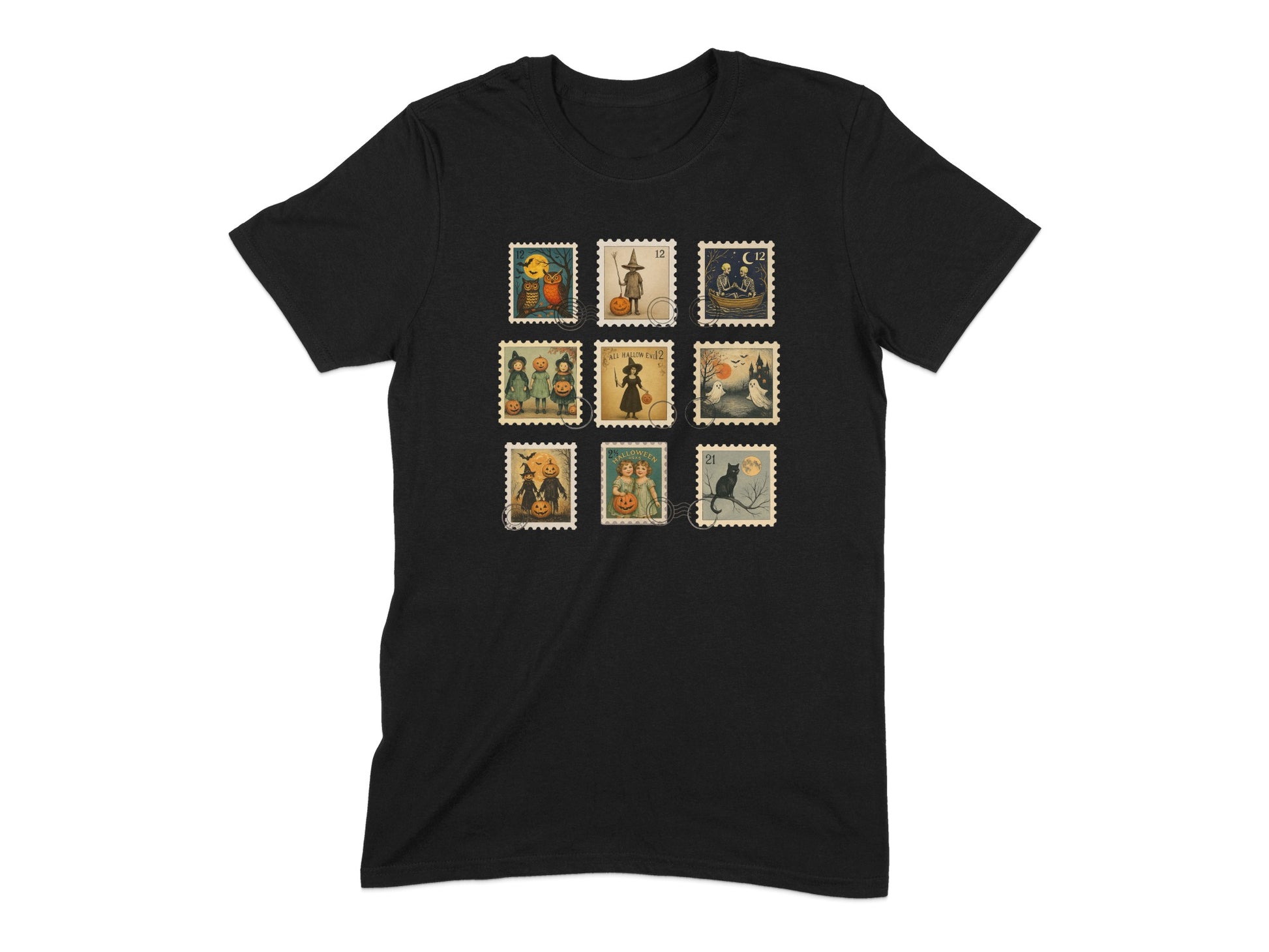 Vintage Postage Stamp Print Black T-Shirt product type