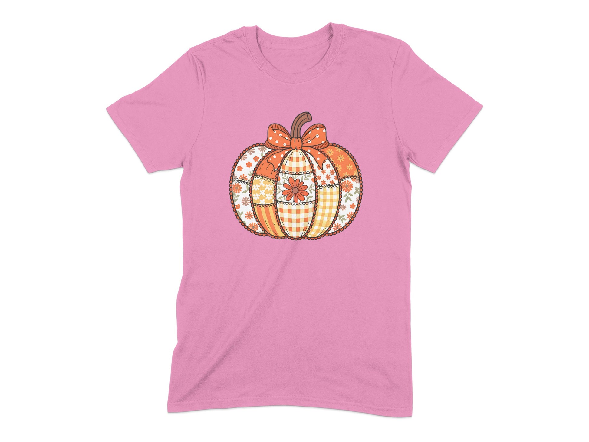 Cute Pink T-Shirt with Patchwork Pumpkin Design product type